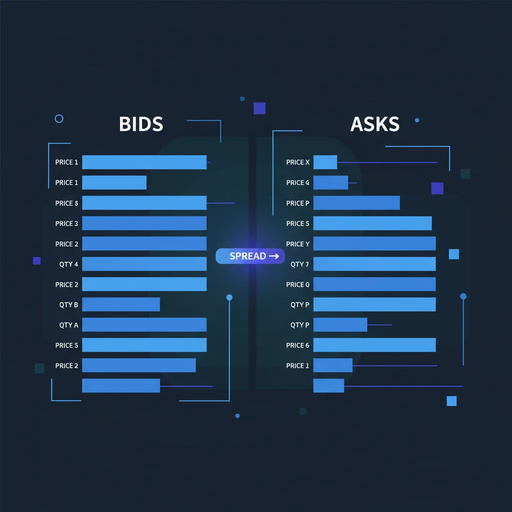 Diagrama educacional de order book mostrando colunas bid e ask em estilo abstrato